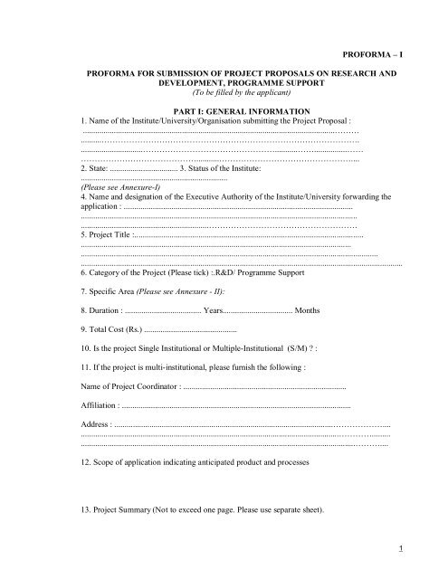 I PROFORMA FOR SUBMISSION OF PROJECT PROPOSALS ON ...