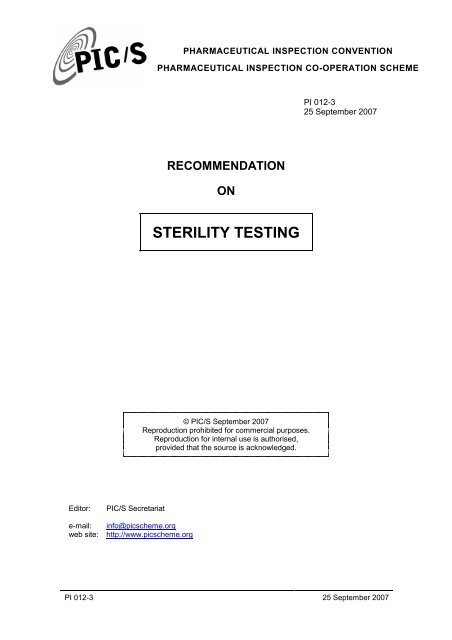 PI 012-3 Recommendation on Sterility Testing - PIC/S