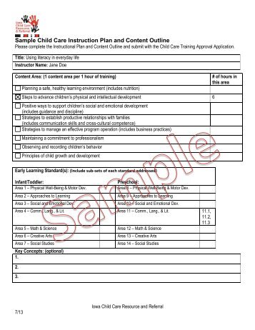 Appendix L Sample Child Care Instruction Plan and Content Outline ...