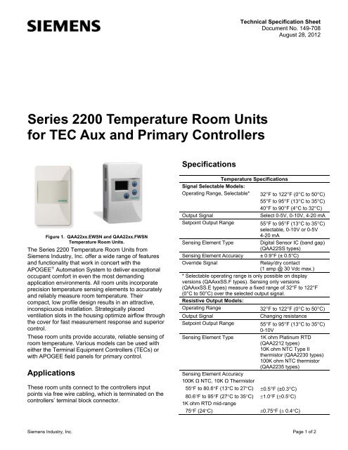 Series 2200 Temp Room Units For Tec Aux Primary Siemens