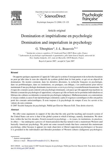 Domination et impérialisme en psychologie - Institut des Sciences ...