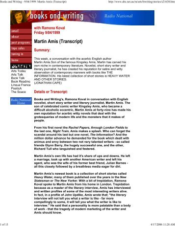 Books and Writing - 9/04/1999: Martin Amis (Transcript)
