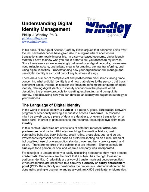 Understanding Digital Identity Management - Phil Windley's ...