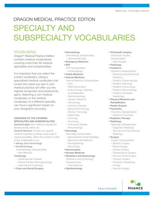 SPECIALTY AND SUBSPECIALTY VOCABULARIES - Nuance