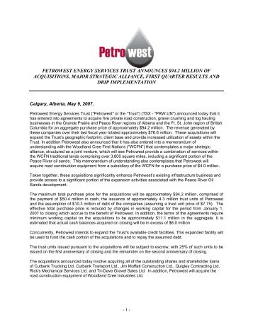 petrowest energy services trust announces $94.2 million of ... - BMIR