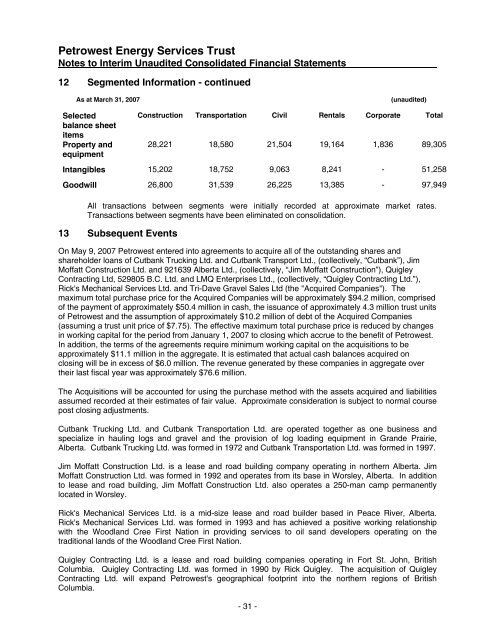 petrowest energy services trust announces $94.2 million of ... - BMIR