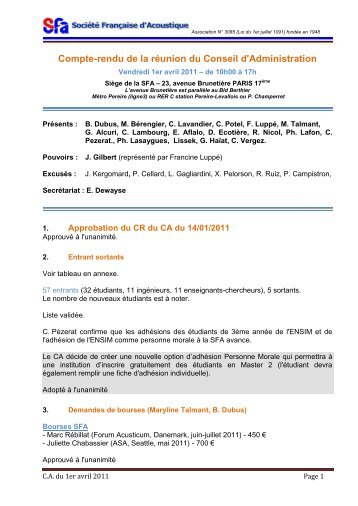 Compte-rendu de la rÃ©union du Conseil d'Administration - SFA