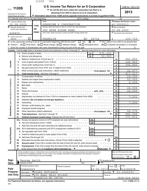 SUNSHINE S CORPORATION - Drake Software Support