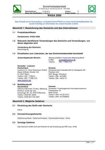 Sicherheitsdatenblatt WASA 2000 - LYSOFORM Dr. Hans ...