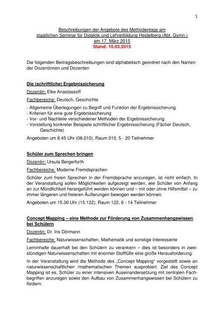 Beschreibungen Der Angebote Des Methodentags Am Staatlichen