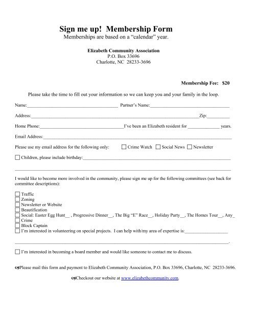 Sign me up! Membership Form - Elizabeth Community Website