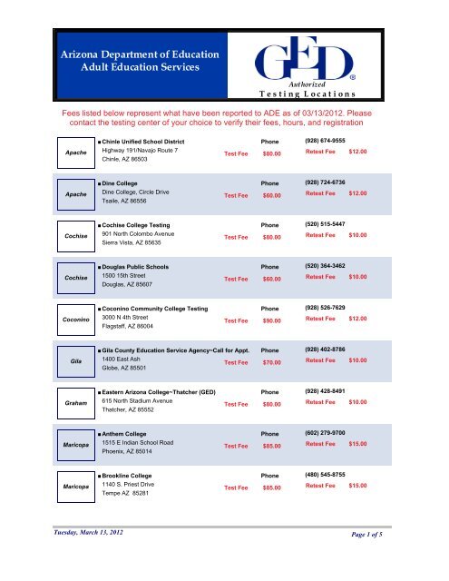 AZ GED Testing  Centers - Arizona Department of Education