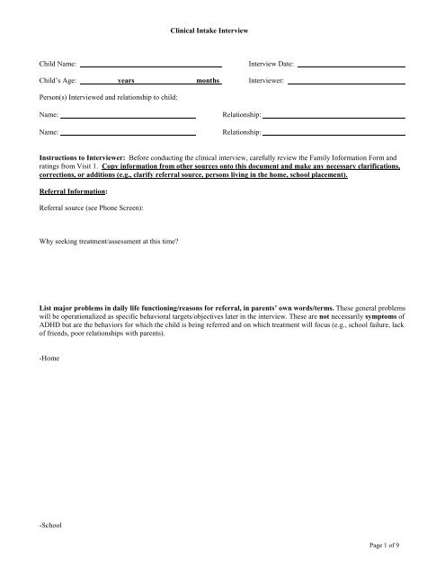 Clinical Intake Interview Child Name: Interview Date: Child's Age ...