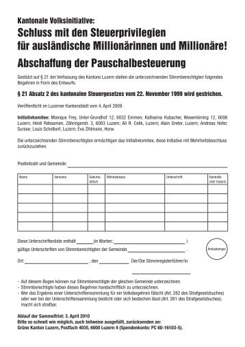 Unterschriftenbogen - GrÃ¼ne Luzern