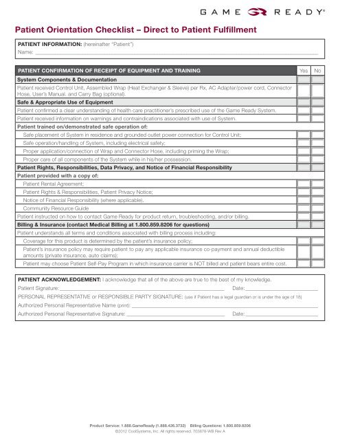 Patient Orientation Checklist â Direct to Patient ... - Game Ready