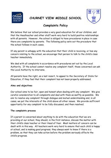 CHURNET VIEW MIDDLE SCHOOL Complaints Policy