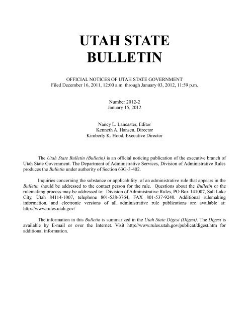 Utah State Bulletin, January 15, 2012, Vol. 2012, No. 2