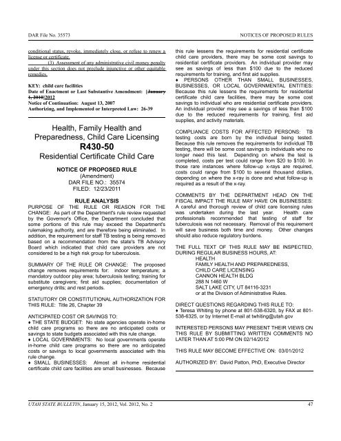 Utah State Bulletin, January 15, 2012, Vol. 2012, No. 2