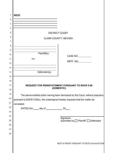 REQT for REINST PURSUANT TO EDCR 5.90 - the Clark County ...