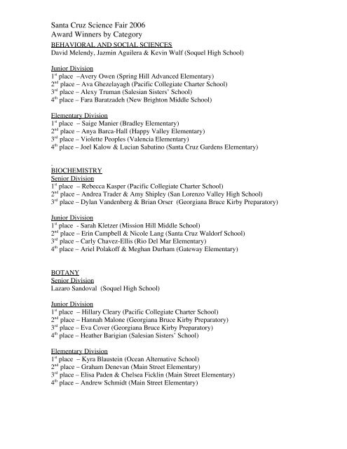 Award Winners - Santa Cruz County Science Fair