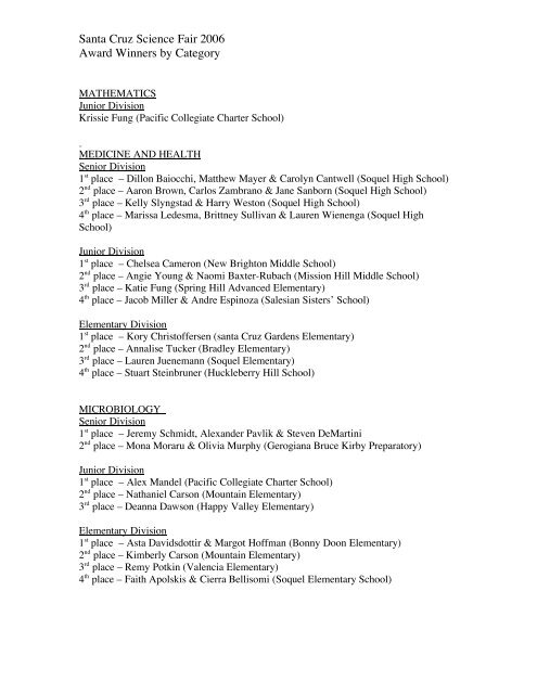 Award Winners - Santa Cruz County Science Fair