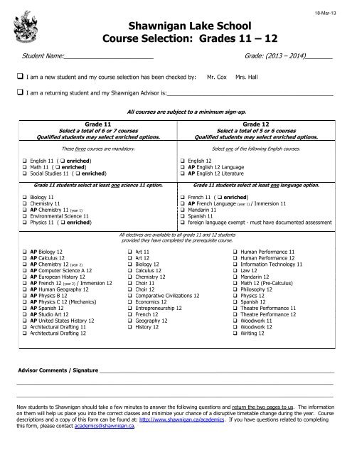 Shawnigan Lake School Course Selection Grades 11 A 12