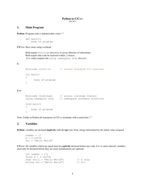 1 Python to C/C++ 1. Main Program 2. Variables