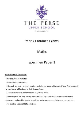 Year 7 Entrance Exams Maths Specimen Paper 1