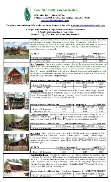 Lone Pine Realty Vacation Rentals Red Feather Lakes Vacation