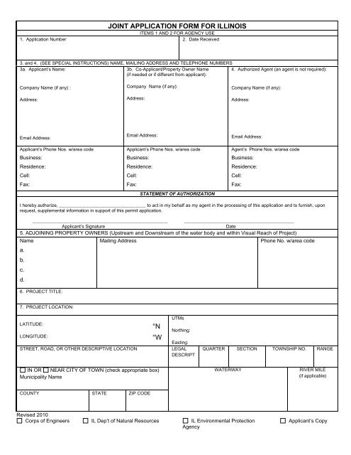 JOINT APPLICATION FORM FOR ILLINOIS Â°N Â°W