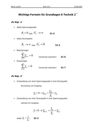 Wichtige Formeln für Grundlagen E-Technik 2 * Zu Kap. 1 - SLabusch