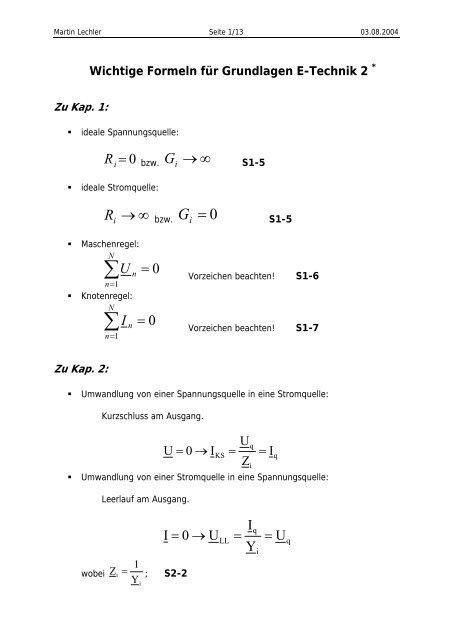 Wichtige Formeln für Grundlagen E-Technik 2 * Zu Kap. 1 - SLabusch