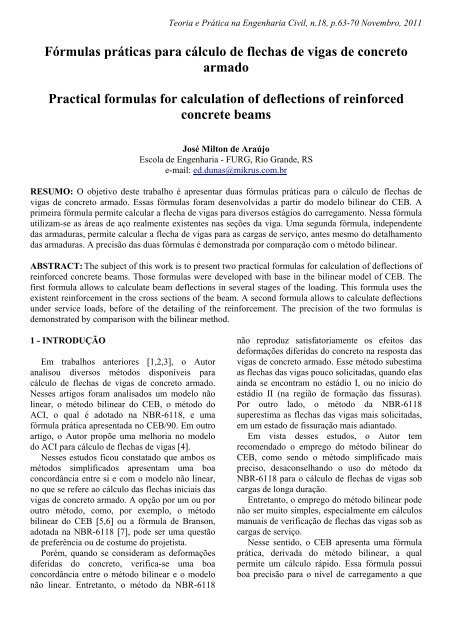 FÃ³rmulas prÃ¡ticas para cÃ¡lculo de flechas de vigas ... - Editora DUNAS