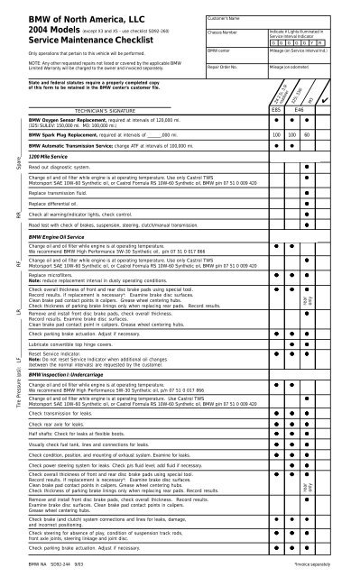 2004 BMW Service Checklist