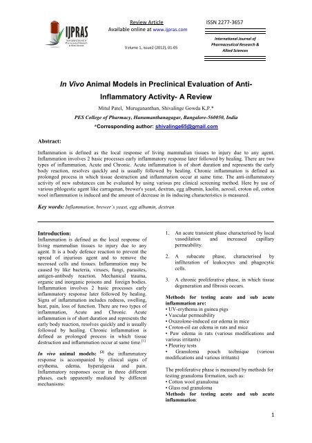 In vivo animal models in preclinical evaluation of anti-inflammatory ...