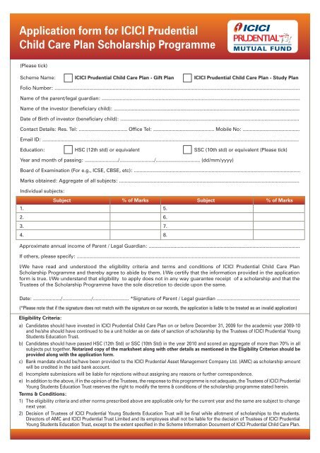 Application form for ICICI Prudential Child Care Plan Scholarship ...