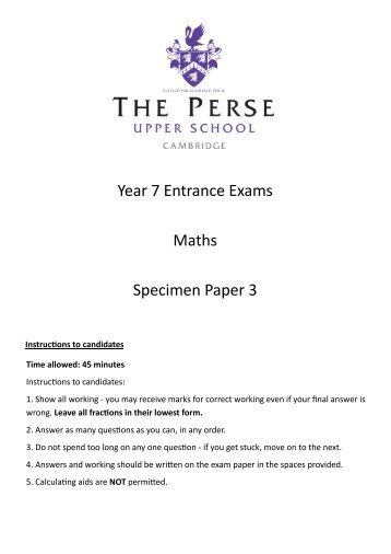 Year 7 Entrance Exams Maths Specimen Paper 3