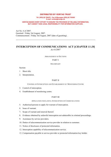 Interception of Communications Act Chapter 11-20 - No ... - Kubatana
