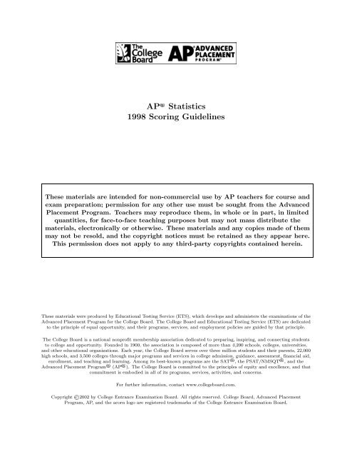 Ap Statistics 1998 Scoring Guidelines Ap Central College Board
