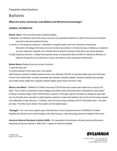 What are some commonly used Ballast and ... - Osram Sylvania