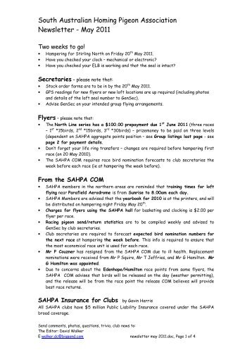 South Australian Homing Pigeon Association Newsletter - May 2011