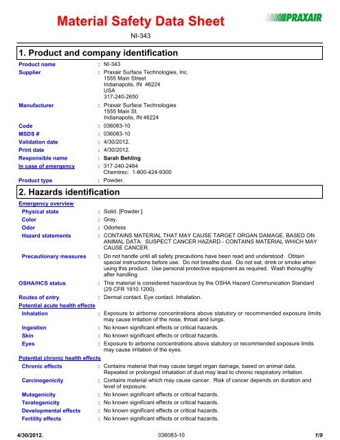 NI-343 - Praxair Surface Technologies