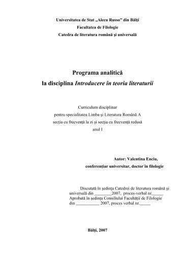 Programa analiticÄ la disciplina Introducere Ã®n teoria literaturii