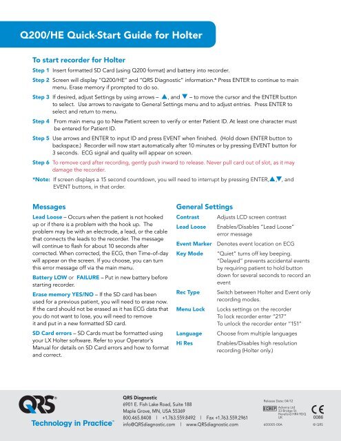 Q200/HE Hook-Up Guide for Holter - QRS Diagnostic