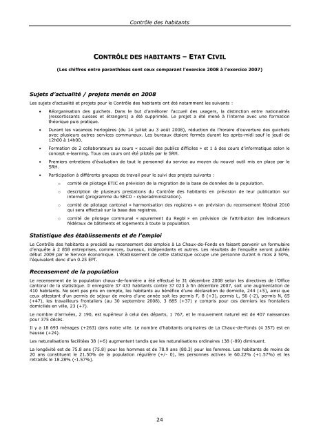 ville de la chaux-de-fonds rapport de gestion 2008