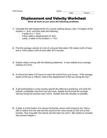 Displacement, Velocity  Acceleration Worksheet