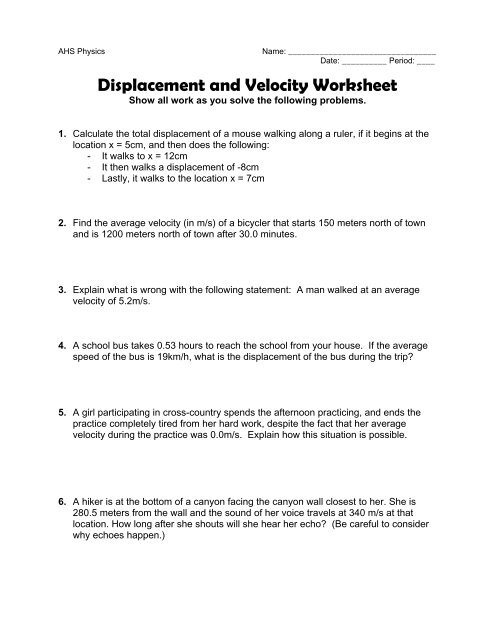 Speed Velocity Distance Displacement Worksheet Physics Answer Key