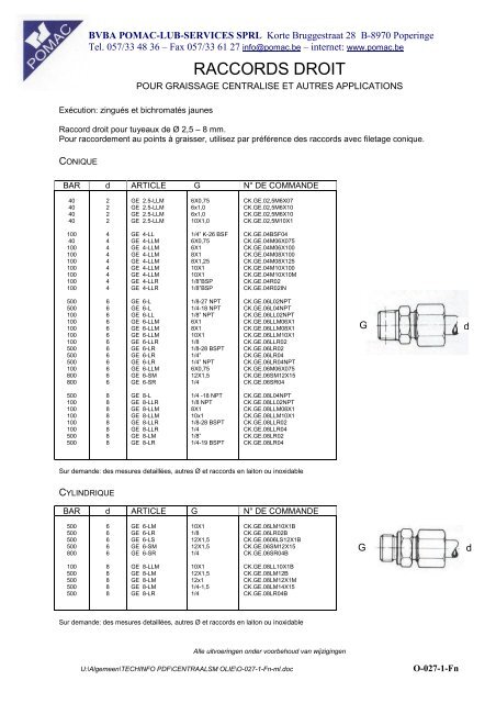 RACCORDS DROIT - Pomac, LUB-SERVICES