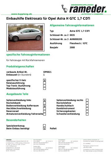 Einbauhilfe Elektrosatz für Opel Astra H GTC 1,7 CDTI