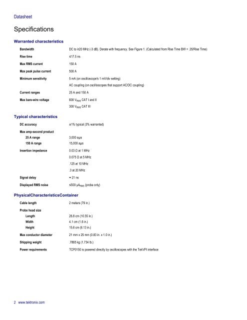 TCP0150 AC/DC Current Probe Datasheet - Tektronix